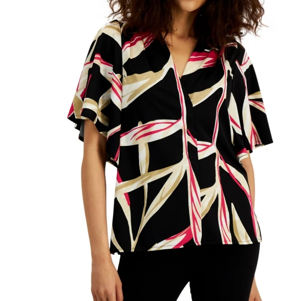 Alfani Womens Mixed Media Flutter Sleeve Top Deep Black Palm Leaf  brand new
M